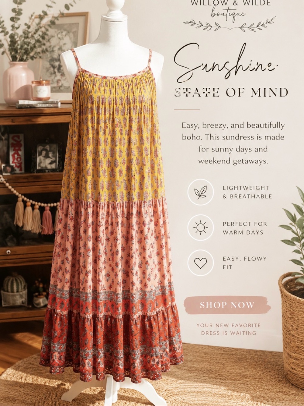 Boho Tiered Sundress in Mustard, Peach & Rust